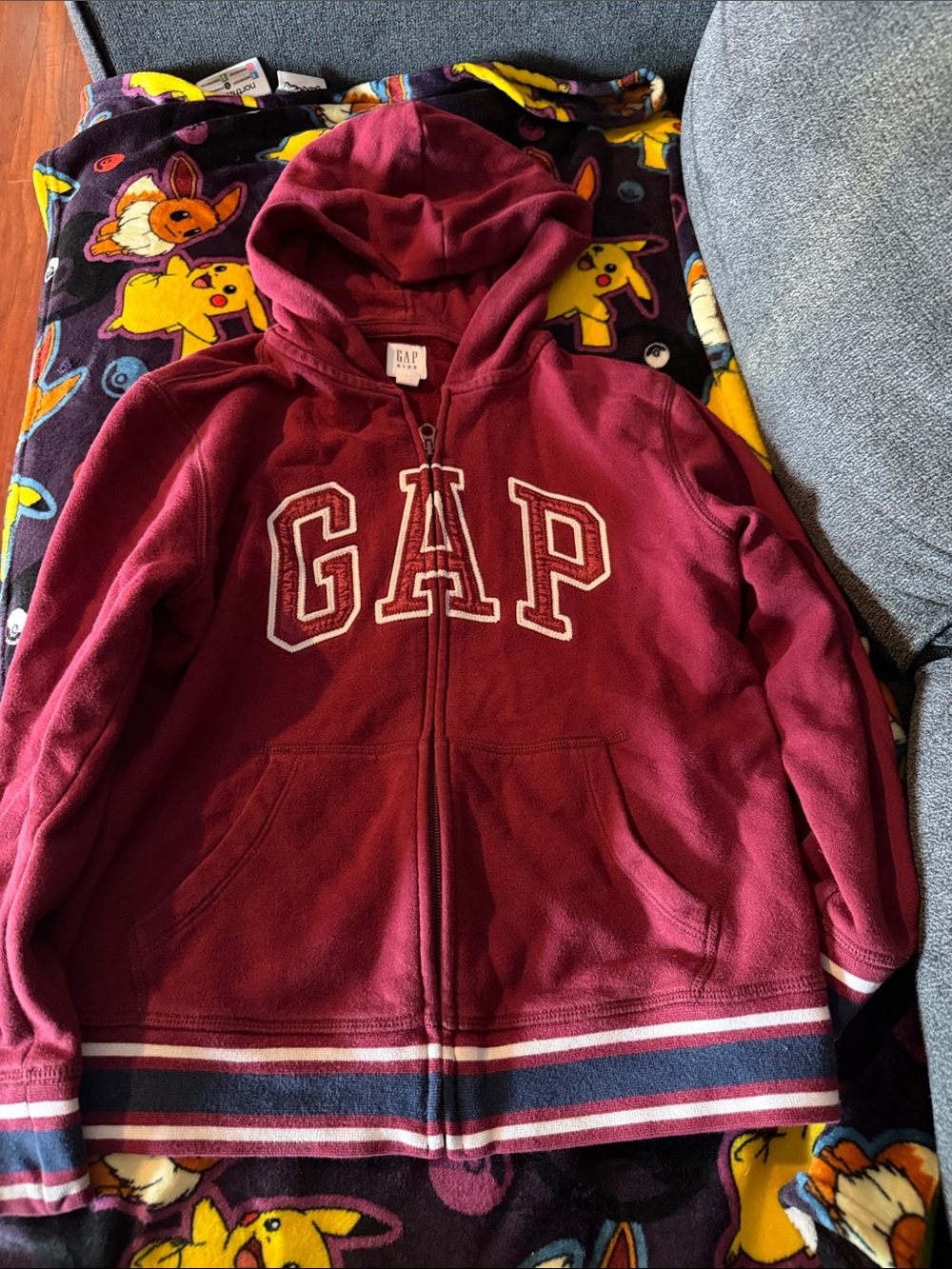 Boys GAP Burgundy Zip-Up Hoodie with Striped Hem